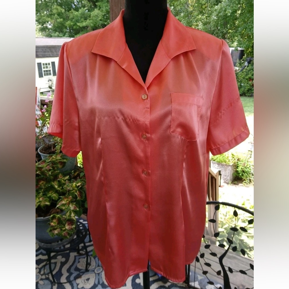 Christie & Jill coral pink button up blouse with front pocket